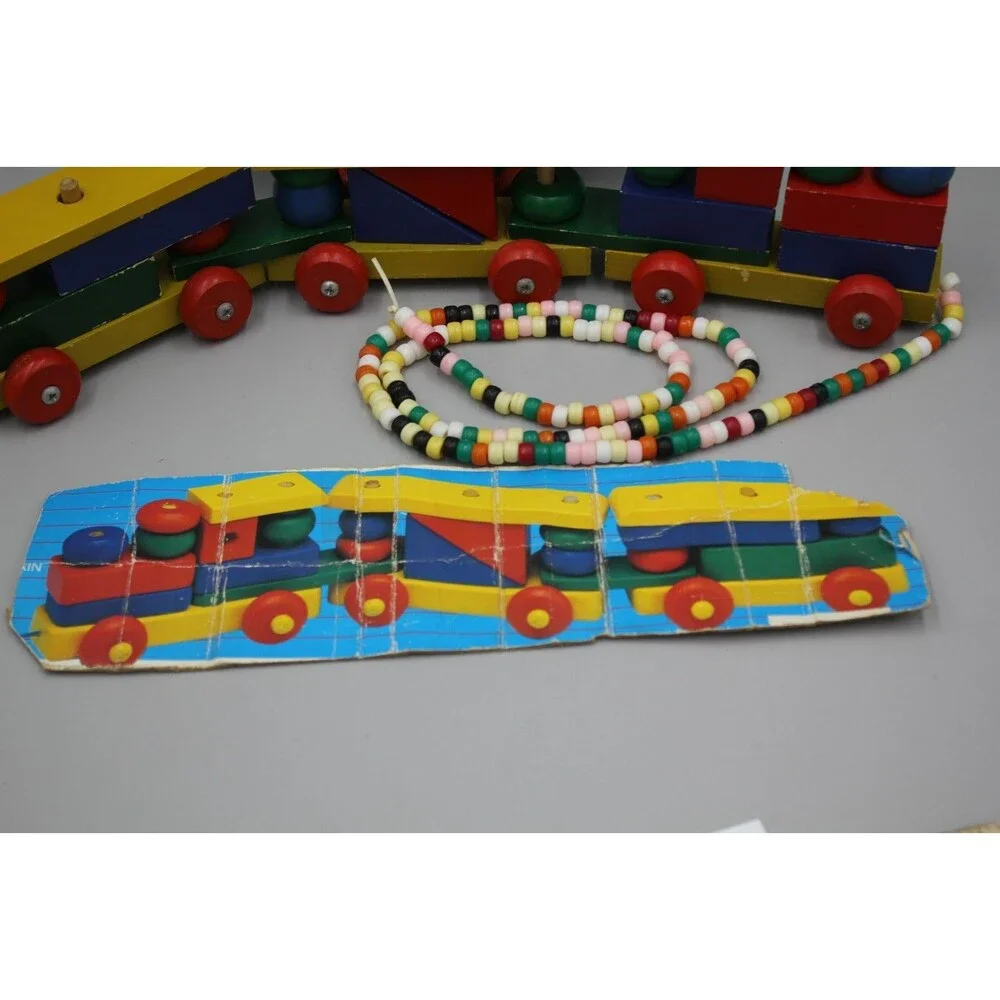 My Kids 44pc Wooden Blocks + Train Pull Vintage Set Primary Toddler Montessori